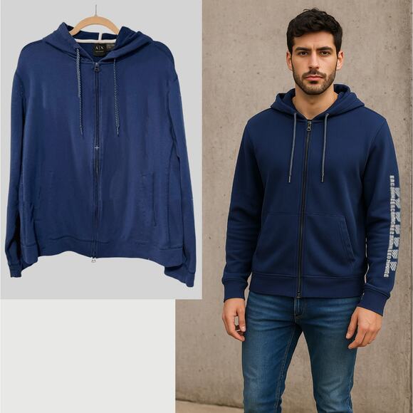 NEW! Armani Exchange Men's XL Full Zip Hoodie Sweatshirt Cotton Logo Navy Blue - Picture 1 of 8